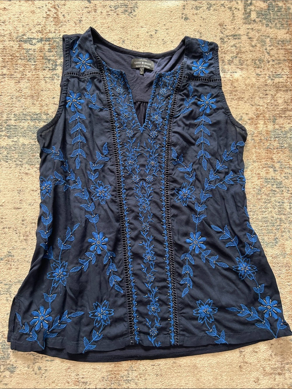 Lucky Brand Navy Tank Top with Blue Floral Embroidery